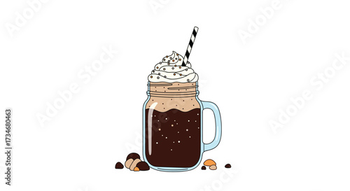 A refreshing cold brew coffee drink in a mason jar with whipped cream and a straw.