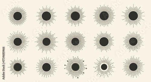 Collection of fifteen abstract sunburst geometric starburst or explosion elements.