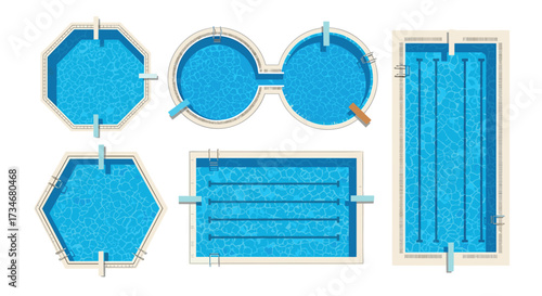 Collection of different swimming pool shapes viewed from above.
