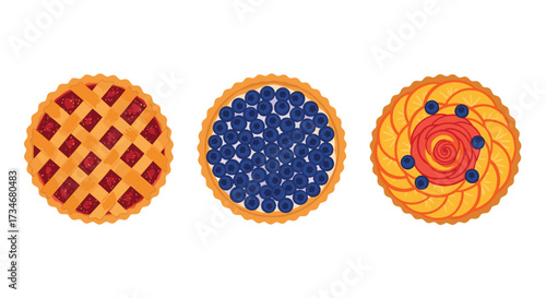A collection of three delicious and colorful fruit tarts presented in a delightful artistic arrangement.