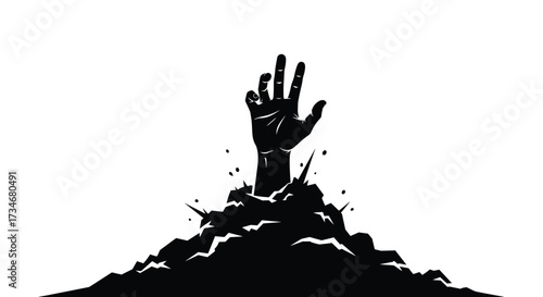 A desperate hand emerges from a dark pile of debris reaching for help.