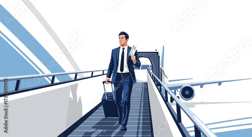 Confident businessman disembarking airplane with luggage embodying corporate travel elegance
