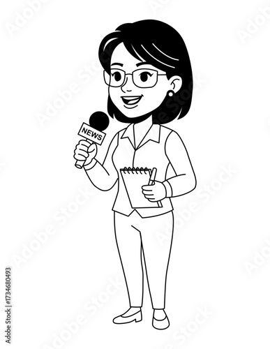 Cartoon Female News Reporter with Microphone and Notebook – Vector Illustration of Journalist Character
