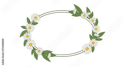 A beautiful oval frame decorated with delicate daisies and green leaves.