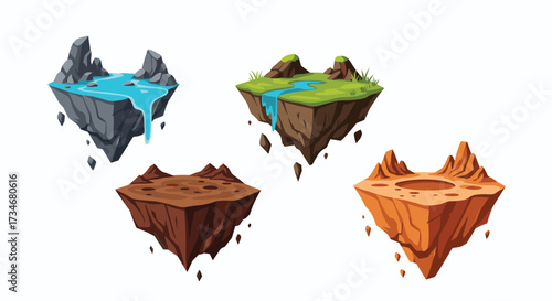A collection of four distinct pixel art floating islands showcasing diverse biomes and geological formations.