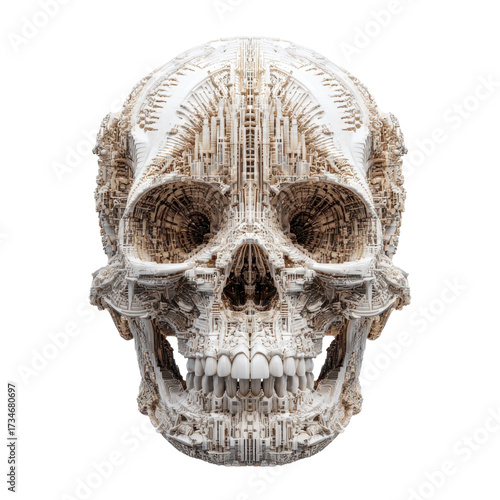 Intricate skull sculpture showcasing a blend of human and architectural elements in a modern artistic style