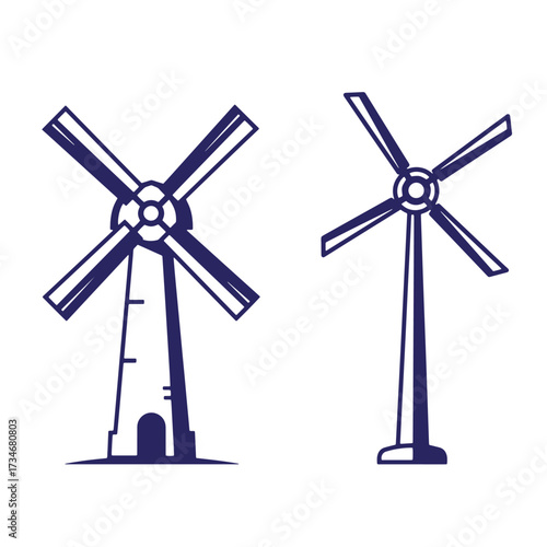 Two outline drawings of a traditional windmill and a modern wind turbine for energy resources