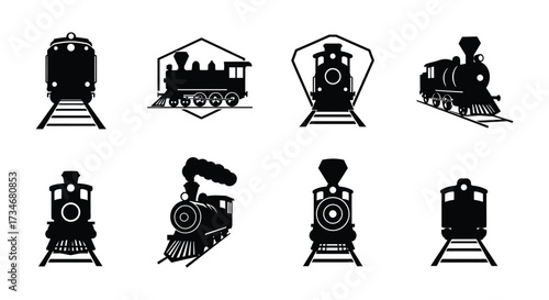 Collection of vintage locomotive icons and train designs in black silhouette