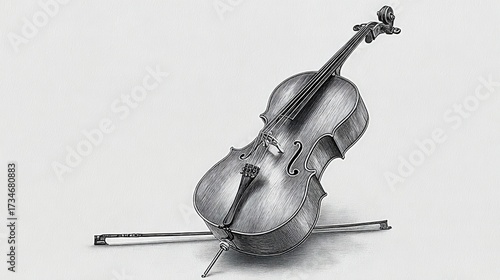 A close-up shot of a classical cello with its bow placed. The cello is in excellent condition, capturing the elegance of the instrument, perfect for music and art. Sketch, Pencil Drawing
