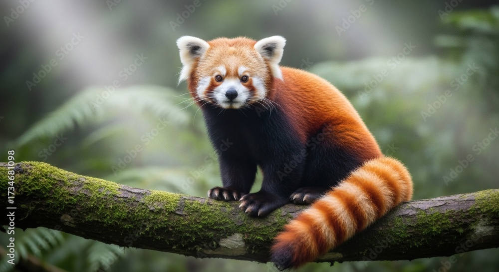 Naklejka premium A red panda sits on a mossy branch in a lush forest, looking directly at the camera with a curious expression
