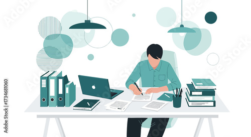 Creative workspace illustration of a person working at a desk with laptop and documents showcasing