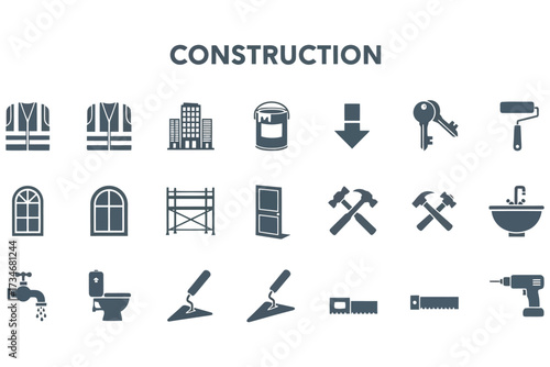 Vector art of construction icon set collection of vector symbols related to building, renovation, and home improvement includes tools, equipment, and materials