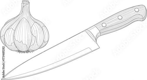 Line art of garlic and knife, culinary preparation illustration