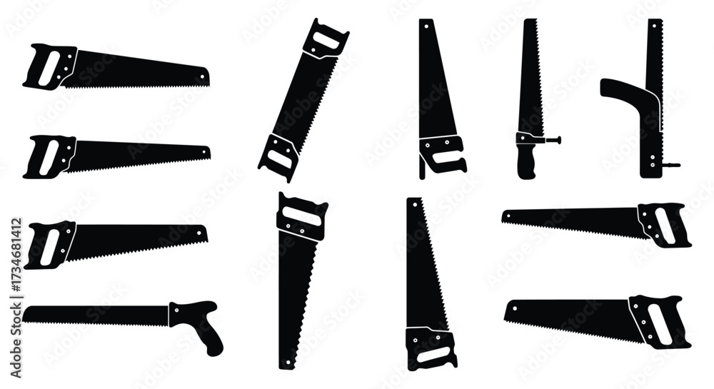 Fototapeta premium Collection of black and white hand saws in various arrangements