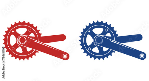 Red and blue bicycle crankset components shown in a simple graphic style