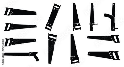 Collection of black and white hand saws in various arrangements