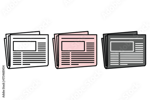 Vector art of three newspapers in different colors the first is white, the second is pink, and the third is gray they are all folded and have a blank space for a headline