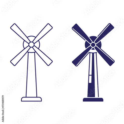 Two simplified illustrations of wind turbines in outline and filled silhouette styles