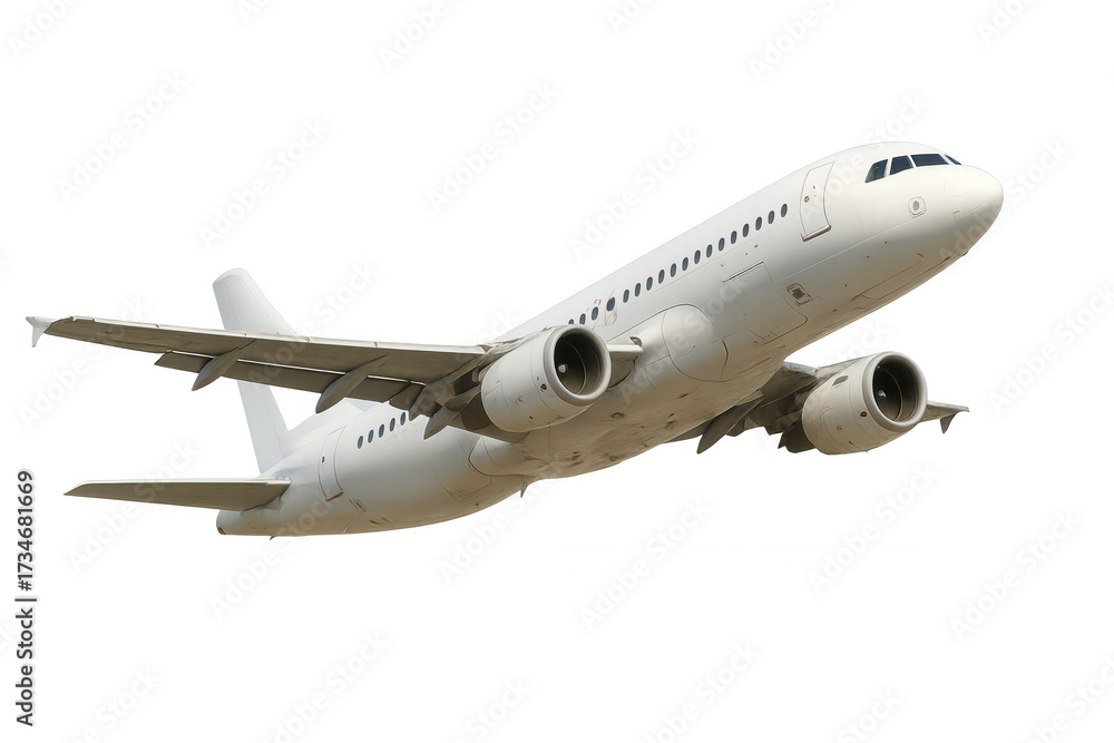Obraz premium White passenger airplane flying, taking off, unbranded commercial jet aircraft on transparent background