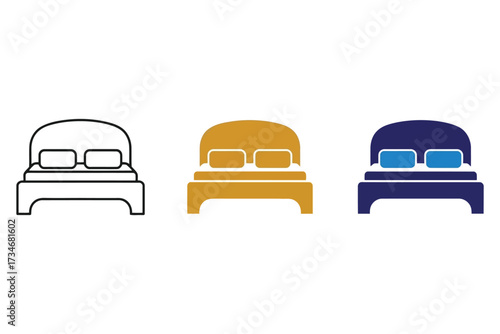 Vector art of three beds in different colors the first is black and white, the second is yellow, and the third is blue they all have two pillows and a headboard
