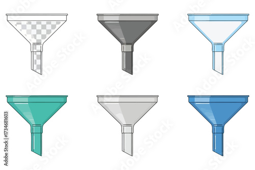 Vector art of funnel set vector illustration of various types of funnels for pouring liquids or powders into containers with small openings