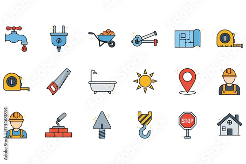 Vector art of construction icon set the set includes a faucet, plug, wheelbarrow, key, blueprint, tape measure, saw, bathtub, sun, location pin, and construction worker