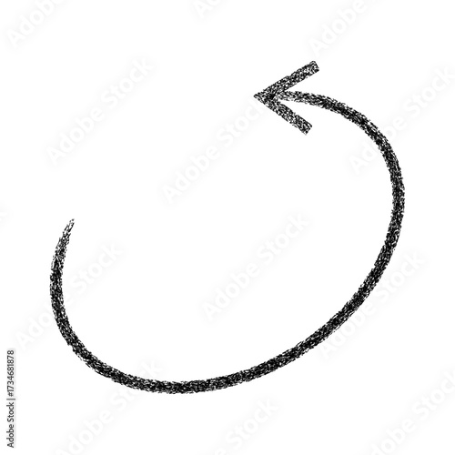 Roughly drawn circular arrow symbol with textured charcoal effect isolated