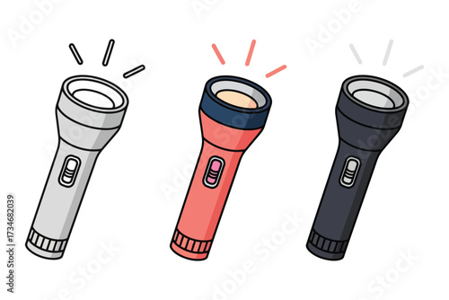 Vector art of a set of three cartoon flashlights in different colors, perfect for camping, hiking, or any outdoor activity that requires a reliable light source