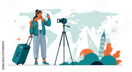 Enthusiastic female traveler filming travel vlog with camera set against world map illustration