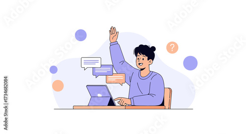 Enthusiastic student raising hand during online lesson with tablet and speech bubbles showcasing