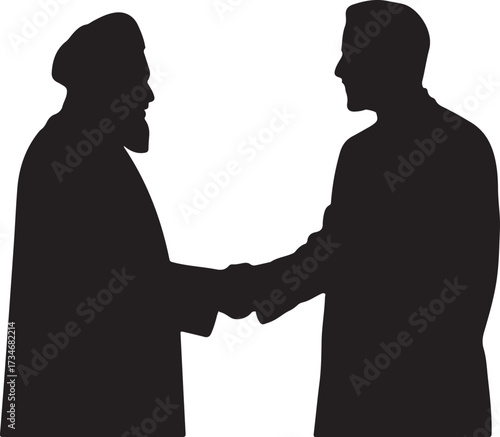 Black silhouette of two men shaking hands one wearing a turban against a white background handshake greeting