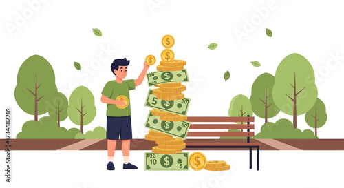 Financial future planning illustration, man stacking money in the park, savings and investment for