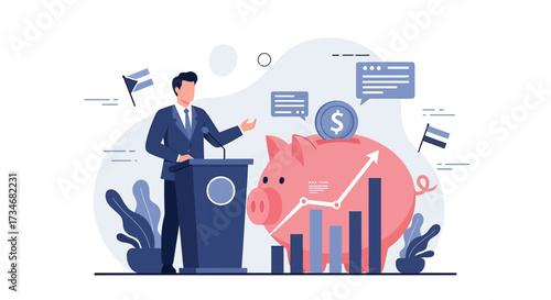 Financial speech illustration with growing economy representation and speaker platform business