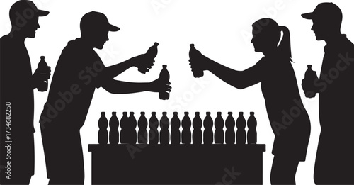 Silhouettes of people interacting with rows of plastic bottles on a table interaction