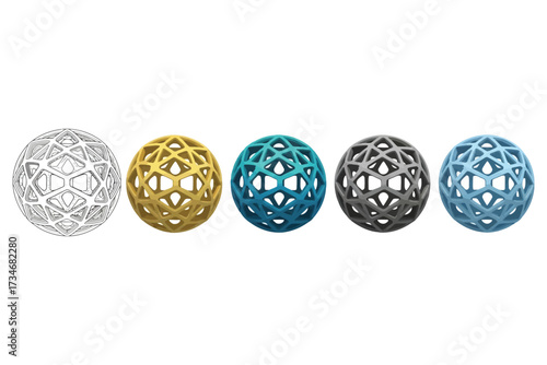 Vector art of a set of five decorative spheres with different colors and patterns, the spheres are made of metal and have a geometric design
