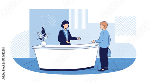 Friendly hotel reception service illustration with customer and receptionist interaction