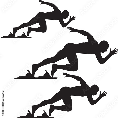Three black silhouettes of runners in starting blocks on a white background running sprint