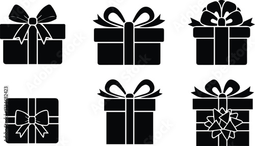 Vector art of a collection of six gift box icons with different ribbon and bow designs, , perfect for holiday, birthday, or special occasion themes