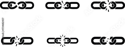 Vector art of broken chain links, symbolizing disconnection, vulnerability, and the struggle for freedom, representing the fragility of relationships and the need for repair