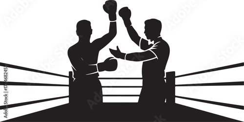 Two black silhouette boxers in a ring with arms raised in victory gesture boxing sport vector