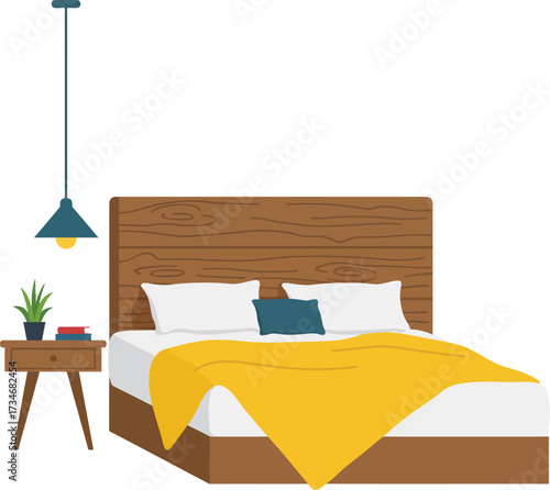 Cozy bedroom scene with bed nightstand and hanging lamp modern home decor flat design vector illustration white background