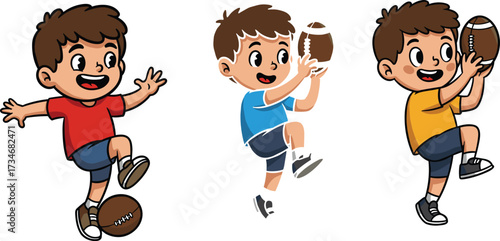 Cartoon boys playing American football with ball, running, catching, kicking, wearing colorful shirts, happy children sports activity vector illustrationCartoon boys playing American football with bal