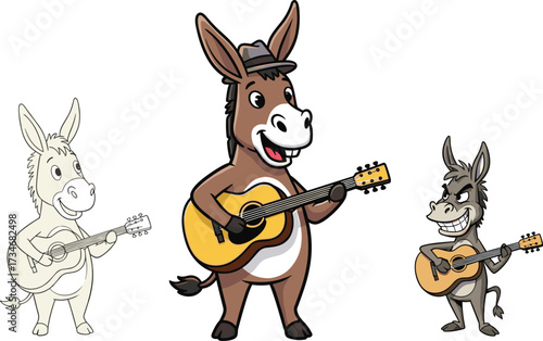 Cartoon donkeys playing guitars illustration, funny musical animal characters performing together in vector style, cute and entertaining design on white backgroundCartoon donkeys playing guitars