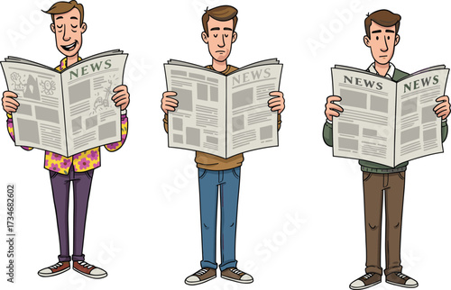 Cartoon men reading newspapers standing with different expressions, vector illustration of people holding news journal, media communication lifestyle concept designCartoon men reading newspaper