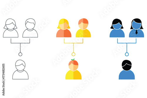 Vector art of three variations of a family tree icon, , depicting lineage with line art, gradient color, and solid fill styles for diverse genealogical representation