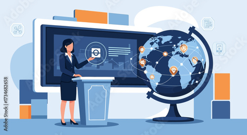 Global business presentation with woman speaker sharing business data analysis insights in