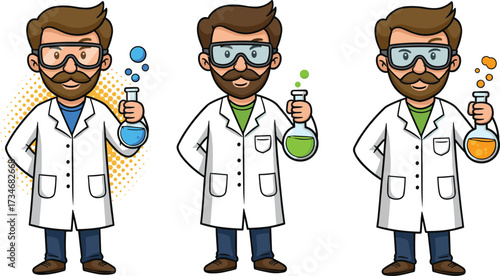 Cartoon scientist character wearing lab coat and safety goggles holding colorful chemical flasks, laboratory experiment illustration for science education conceptsCartoon scientist character wearing 