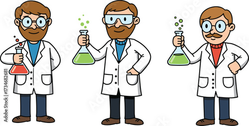 Cartoon scientists in lab coats holding chemical flasks with safety glasses, laboratory experiment illustration for science, education, and research conceptsCartoon scientists in lab coats 