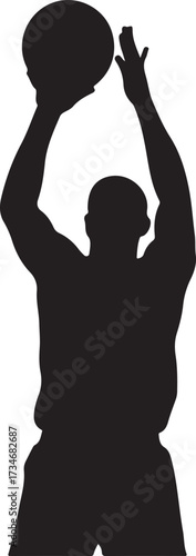 Black silhouette of a basketball player in mid-shot with arms raised against a white background shooting