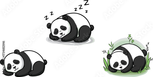 Cute sleepy panda bear cartoon illustration showing adorable sleeping, resting, and napping poses in nature grass for children designCute sleepy panda bear cartoon illustration showing 